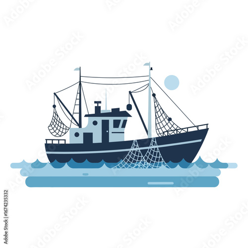 Fishing boat sailing on blue water with a sun.