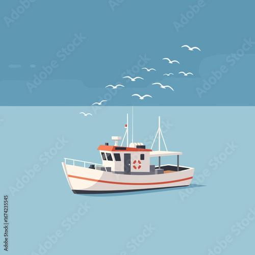 A fishing boat sails on the ocean under a flock of birds.