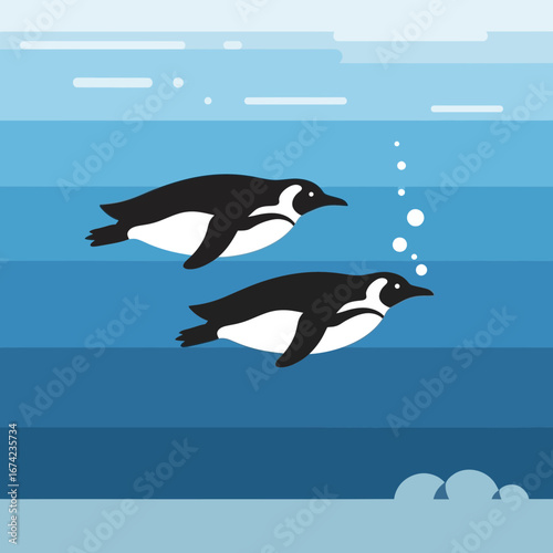 Two penguins swim underwater in a blue ocean.