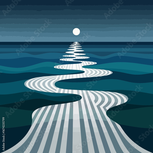 Winding path of light across dark water under a moon.
