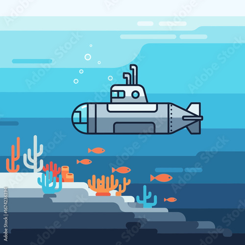A submarine navigates the ocean floor with coral and fish.