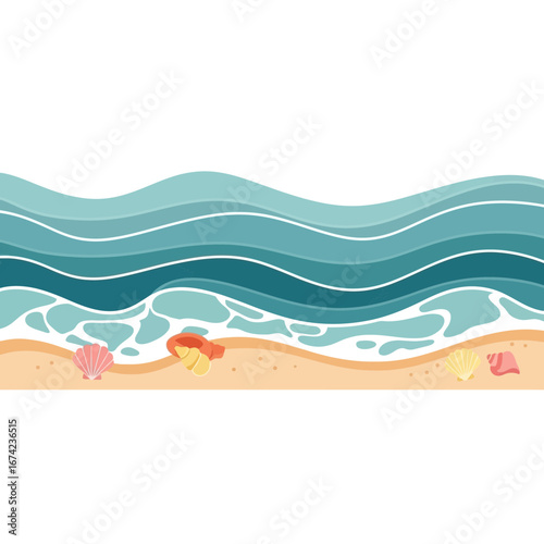 Ocean waves crash on a sandy beach with shells.