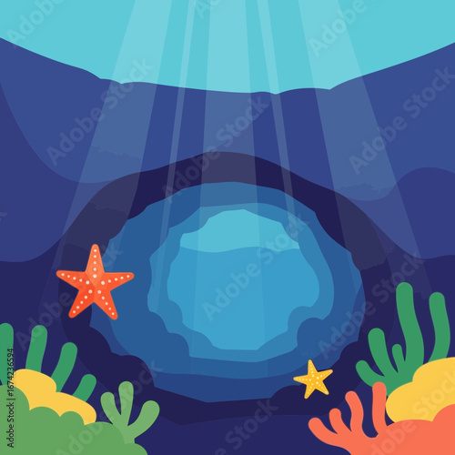 Underwater scene with coral reef and sunbeams.