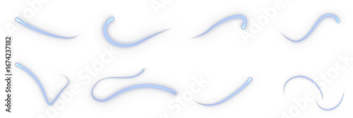 Vector blue glowing laser beam with blur effect and motion streaks on transparent background. Bright luminous curved lines, fast speed trail design for futuristic abstract decoration or banner.