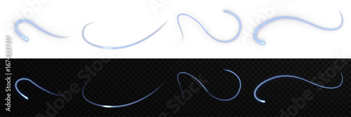 Luminous blue laser streak with glowing blur and motion trail isolated on transparent background. Futuristic speed effect for abstract decoration, poster banner design, or technology background.