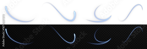 Vector blue glowing laser beam with blur effect and motion streaks on transparent background. Bright luminous curved lines, fast speed trail design for futuristic abstract decoration or banner.