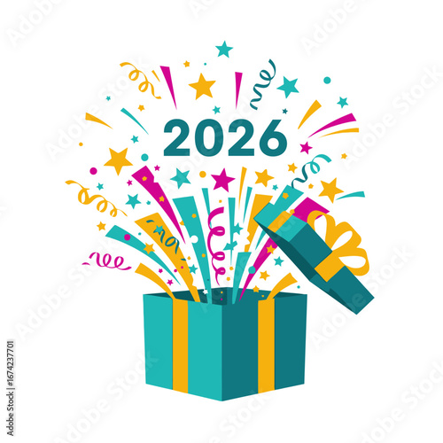 Festive 2026 Celebration with Gift Box and Confetti Explosion