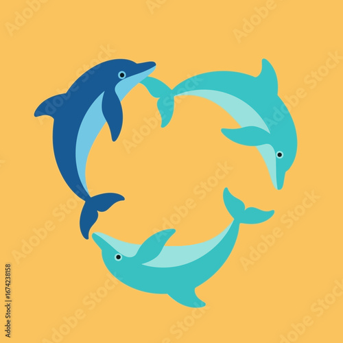 Three dolphins form a heart shape on a yellow background.