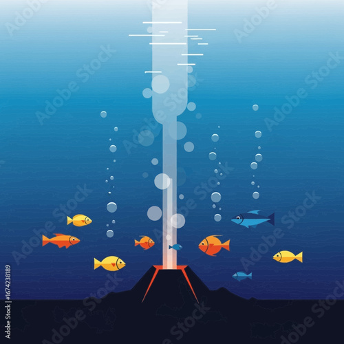 Underwater volcanic eruption with fish swimming around it.