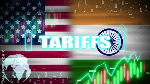 Tariffs increase animation with digital elements, India and usa waving flags. Trade war policy between usa and india concept digital animation.