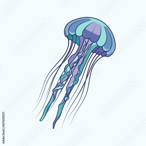 A stylized illustration of a blue and purple jellyfish with long tentacles.