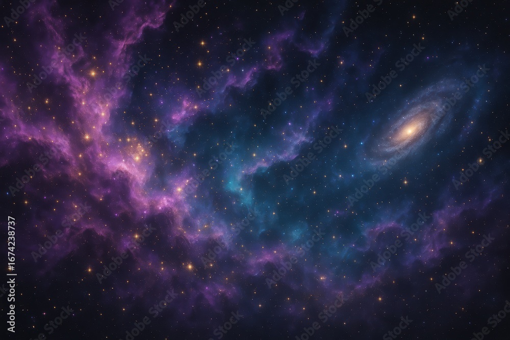 Naklejka premium Ethereal Cosmic Nebula with Swirling Galaxy Patterns and Stellar Birth Regions in Deep Space