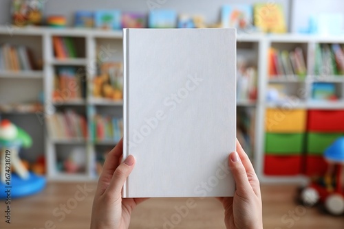Blank white book held by hands in colorful classroom