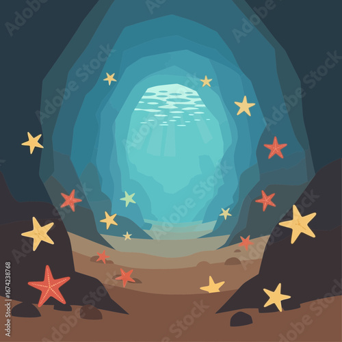 Underwater cave entrance with glowing stars and sandy floor.