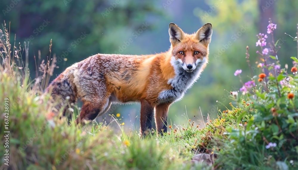 Obraz premium Red fox amidst wildflowers