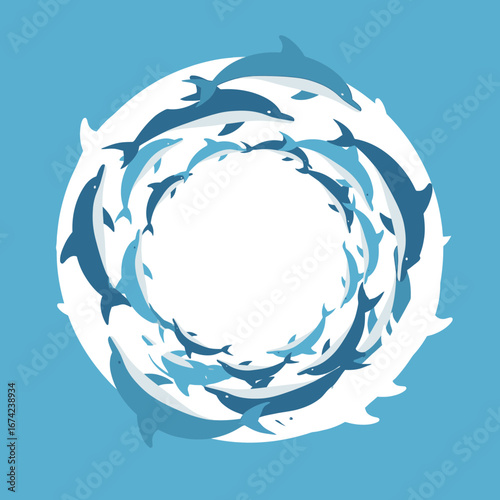 Dolphins swimming in a circular pattern with water splashes.