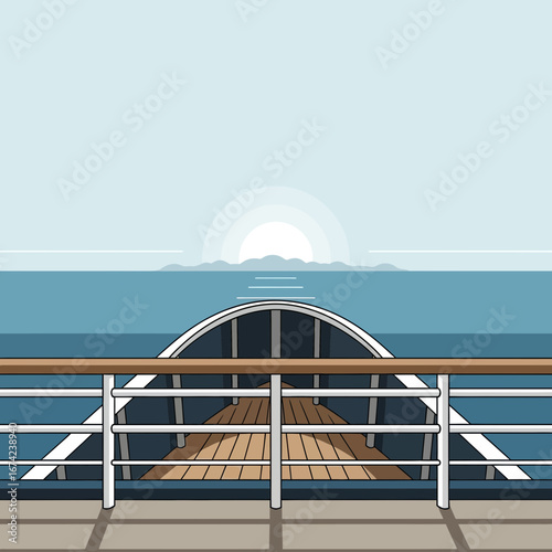 Cruise ship deck overlooking the ocean at sunrise.
