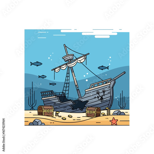 Sunken pirate ship resting on the seabed with fish swimming around.