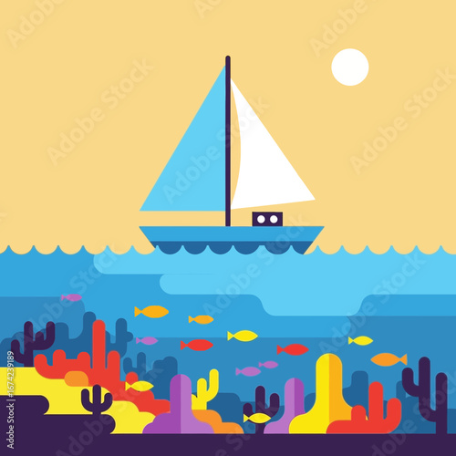 Sailboat on the ocean with coral reef below.
