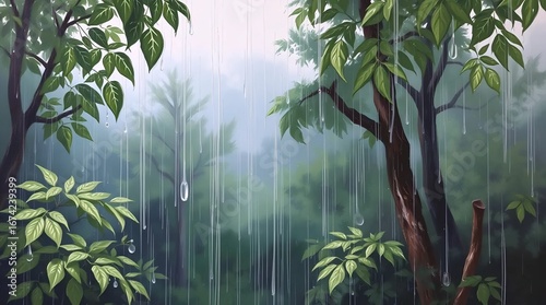 Tree Sheltered by Light Rain with Distant Woodland