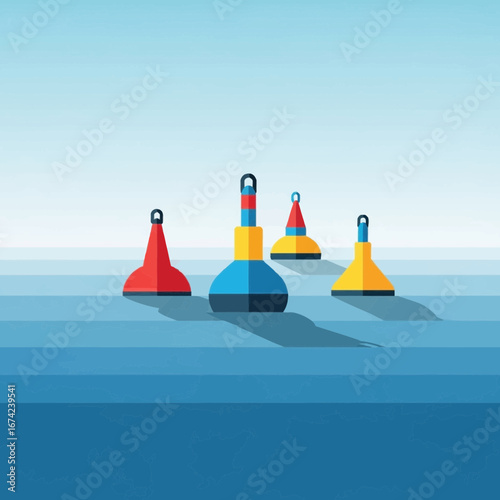 Four colorful buoys float on a calm blue sea under a clear sky.