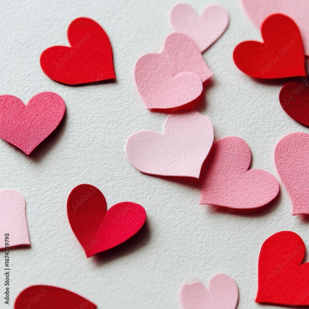 Obraz premium Red and Pink Paper Hearts on White Background