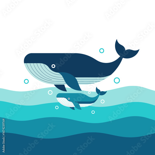 Two whales swim in blue ocean waves with bubbles.
