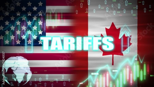 Usa and canada Trade war concept with tariffs word, digital elements and waving flags. Concept of trade policy between Canada and usa