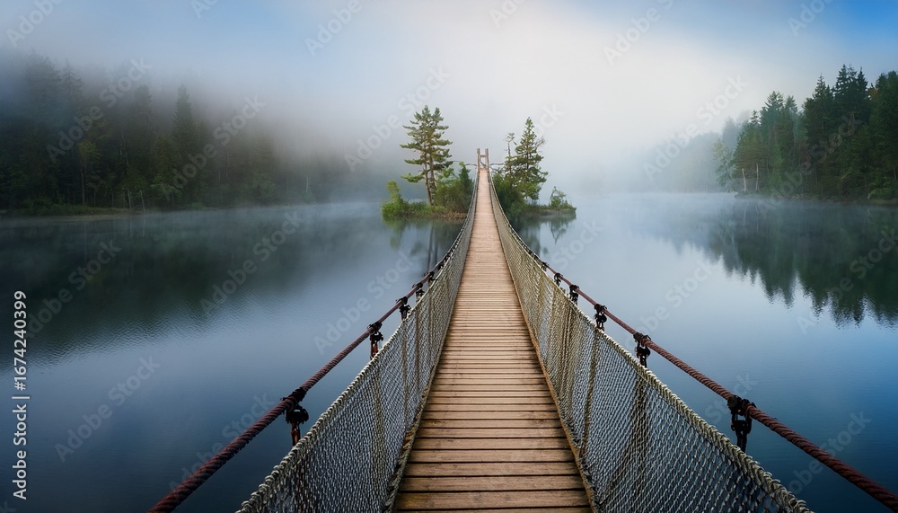 Naklejka premium foggy rope bridge misty lake journey uncertainty