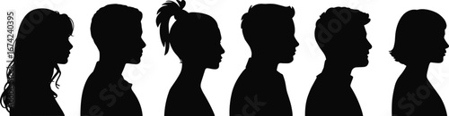 Human profile silhouettes, diverse hairstyles, gender representation, black and white contrast, identity concept, avatar design, minimal style, character modeling, diversity