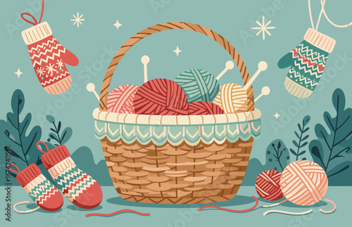 Cozy basket filled with colorful knitting wool for winter crafts