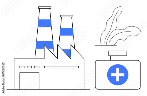 Factory with striped chimneys, medicine bottle with a cross, and leaf depict health, environment, and production. Ideal for healthcare, environment, ecology, industry sustainability innovation