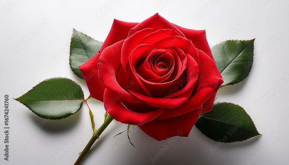 Naklejka premium a single perfectly formed red rose with a long stem and green leaves lying on a white surface the vibrant color of the rose contrasts sharply with the clean background