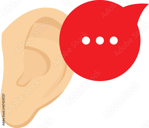 Sideways listening, good at listening and accepting others' ideas, good communication and exchange, huge ears to listen to the information inside the speech bubble


