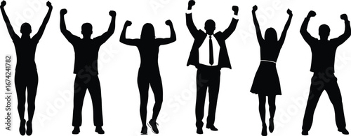 Silhouetted people celebrating success, teamwork, motivation, empowerment, unity, achievement, business and casual attire, victory pose, diversity, leadership, inspiration
