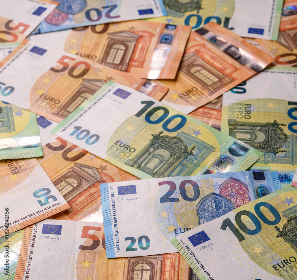 Obraz premium Cash money, euro paper banknotes for business transactions, financial background. Euro banknotes