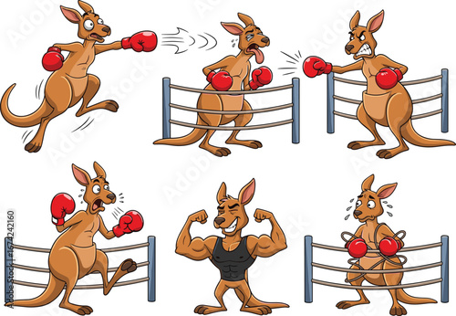 PrintCartoon boxing kangaroo characters fighting in ring, sports mascot animal illustration, competitive match scenes, punching action, victory poses, defeated opponent expressions
