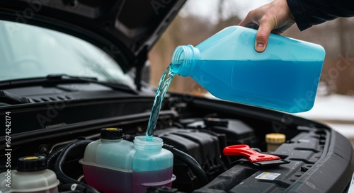 Pouring blue antifreeze into windshield washer tank during winter car maintenance