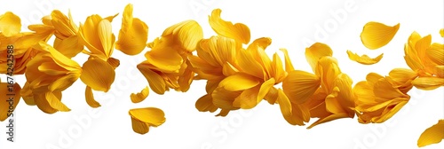 Yellow flower petals, seemingly floating in mid-air, against a white background