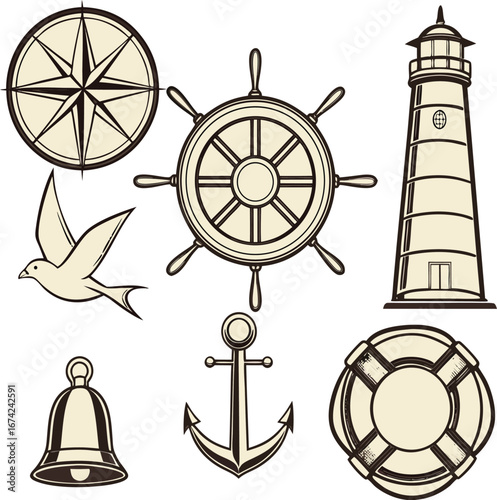  a Vintage nautical illustration vector set featuring ship's wheel anchor compass lighthouse bird bell and lifebuoy