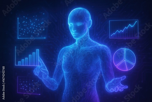 Futuristic AI Assistant Hologram Interacting with Virtual Data Streams in Neon-Lit Tech Laboratory Setting