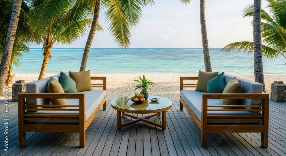Obraz premium Beachfront seating with palm trees overlooking turquoise sea and white sand