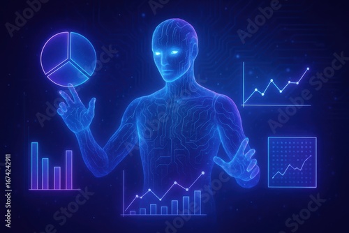 Futuristic AI Assistant Hologram Interacting with Virtual Data Streams in Neon-Lit Tech Laboratory Setting