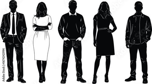 Business professional silhouette vector set, male and female figures in formal and smart casual attire, workplace diversity, fashion illustration collection