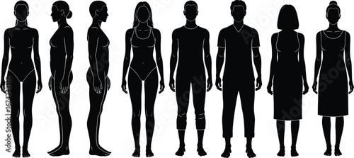 Male and female human body silhouette vector set, anatomical proportions, fashion figure templates, posture reference, artistic anatomy illustration collection