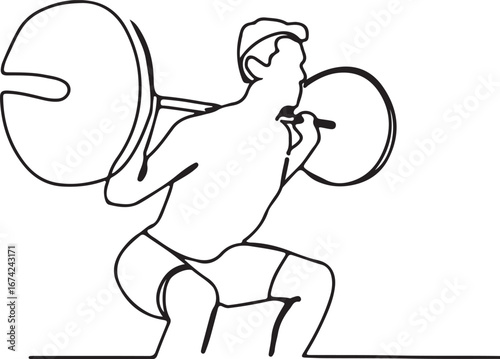 Man squatting with barbell - line art
