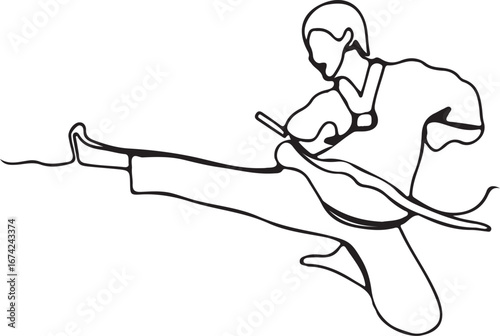 Continuous line of men practicing kung fu
