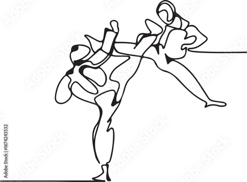 Professional athletes kicking each other with close combat techniques
