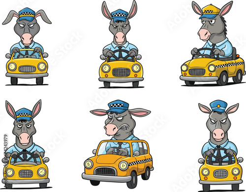 Cartoon donkey taxi drivers in blue uniforms with various expressions, yellow cabs, anthropomorphic animals, humorous transportation vector illustration collection