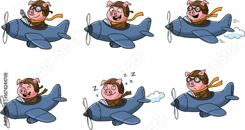 PrintCartoon Pig Flying Blue Plane in Different Emotions and Actions, Funny Pilot Animal Vector Set for Kids and Aviation Designs
